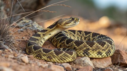 Fototapeta premium Ornate Black-Tailed Rattlesnake (Crotalus ornatus) coiled on a rocky outcrop in its natural desert habitat.