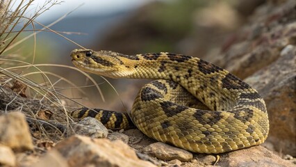 Obraz premium Ornate Black-Tailed Rattlesnake (Crotalus ornatus) coiled on a rocky outcrop in its natural desert habitat.