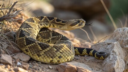 Obraz premium Ornate Black-Tailed Rattlesnake (Crotalus ornatus) coiled on a rocky outcrop in its natural desert habitat.
