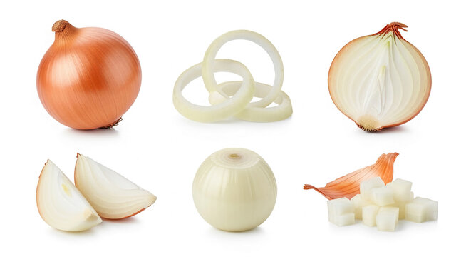 Fresh brown onions, whole, peeled, sliced, diced on white
