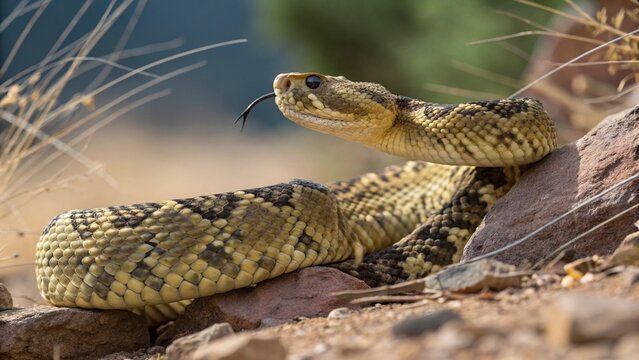 Ornate Black-Tailed Rattlesnake (Crotalus ornatus) coiled on a rocky outcrop in its natural desert habitat.