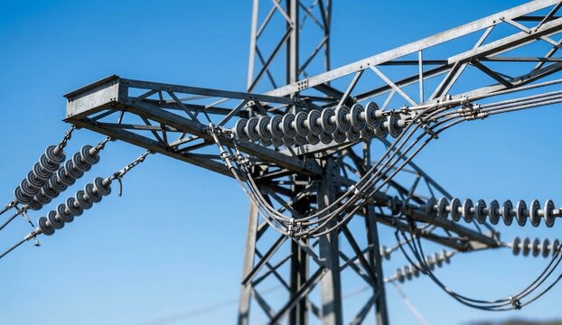 Futuristic hexagonal HVDC transmission tower pylon against a clear blue daylight sky with a technician monitoring data flow on a rugged device, smart grid concept