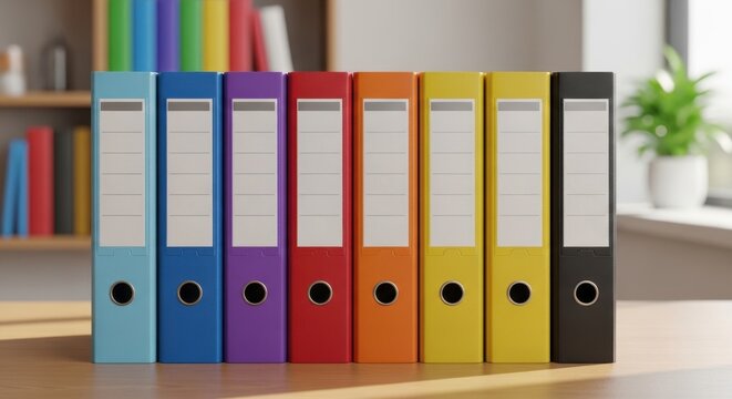 Row of colorful office ring binders standing on a wooden table in a bright workspace