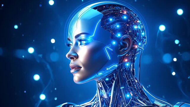 Female humanoid cyborg side profile with glowing blue circuitry and intricate robotic components on a dark background