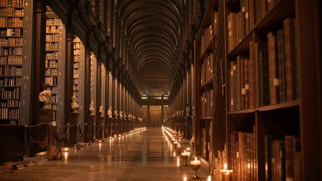 A majestic old library corridor lined with tall wooden bookshelves filled with ancient books. The hall features a high arched ceiling and is softly illuminated by rows of warm candlelight placed along