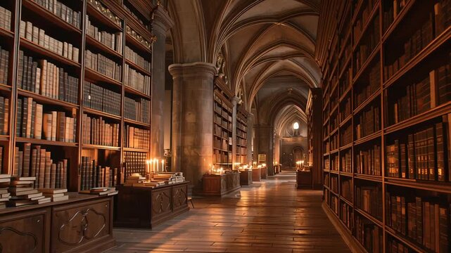 A majestic old library corridor lined with tall wooden bookshelves filled with ancient books. The hall features a high arched ceiling and is softly illuminated by rows of warm candlelight placed along