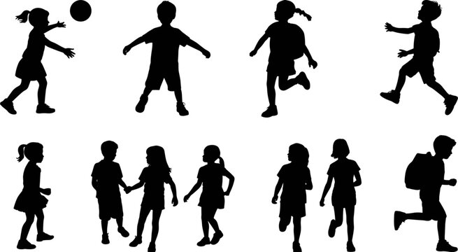 children playing silhouette set with kids running, jumping, throwing ball and walking together, playful childhood activity vector illustration collection