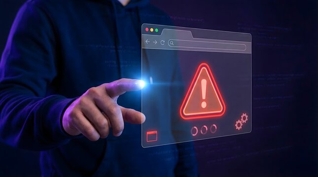 Hand Touching Holographic Browser Warning Alert with Danger Triangle Cybersecurity Threat