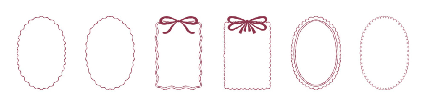 Cute hand drawn coquette red ribbon frames vector set. Whimsical rectangle and oval borders collection. Elegant bow outline template for romantic greeting card, valentine, wedding invitation design