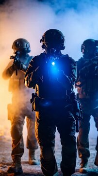 Military special forces team in full tactical gear aiming assault rifles through thick smoke at night