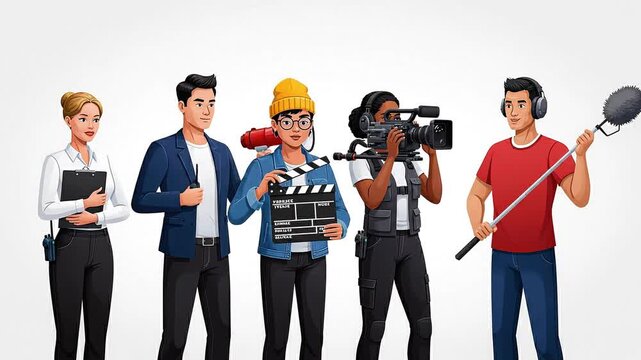 Diverse team of media professionals illustrating key roles in film, television, and digital content production, showcasing collaboration and technical expertise