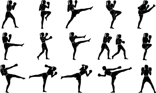 collection of female kickboxing silhouettes showing different fighting poses, martial arts training action set for fitness sport design, flat vector illustration