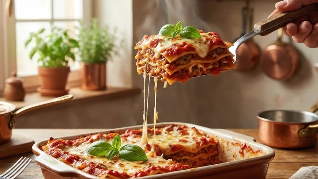 Baked pasta dish with fresh basil leaves on wooden tabletop