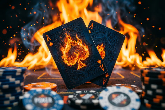 Flaming ace of spades cards near poker chips, fire and sparks explode on dark table surface