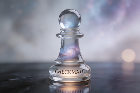 Glass chess pawn with galaxy inside showing word checkmate on dark polished surface