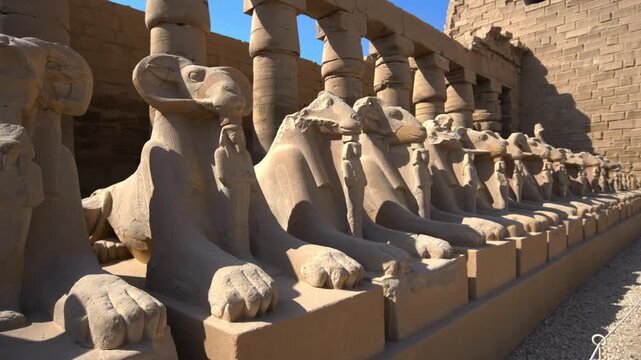 Karnak Temple in Luxor, Egypt. Row of ram-headed Amun sphinxes with pharaoh figurines at Karnak Temple entrance, Luxor Egypt. Close-up of iconic sacred alley sculptures.