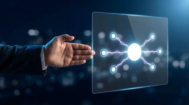 Hand Pointing at Holographic Network Diagram with Connected Nodes Business Connectivity Concept