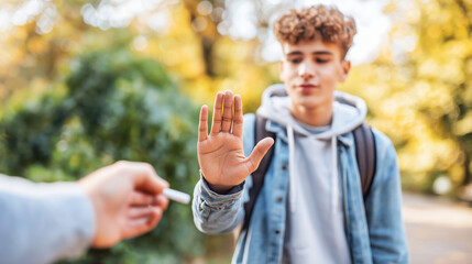 Naklejka premium Teenage boy refusing cigarette, gesturing stop to peer pressure, choosing health and a smoke free future
