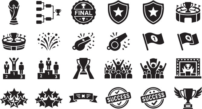 Soccer championship winner and trophy icons for world cup tournament