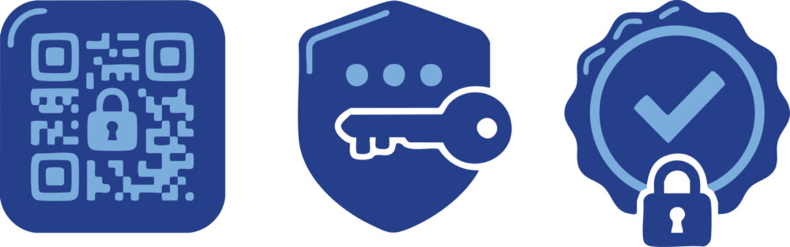 Set of 3 security icons vector, blue lock, key, qr code