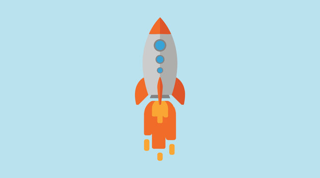 A cartoon-style rocket launching upwards with orange flames against a light blue background, depicting space travel and exploration.