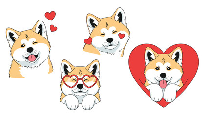 Obraz premium Collection of four cute shiba inu puppy dog illustrations featuring themes of love with hearts, winks, and heart-shaped glasses.