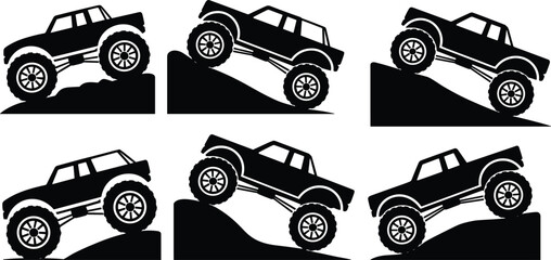 Silhouettes of powerful monster trucks climbing rugged hills and uneven terrain, showcasing off-road suspension dynamics, large tires, and adventurous driving angles for extreme sports enthusiasts. © Ariful