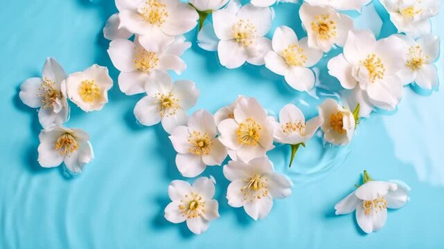 Beautiful white jasmine blossoms floating on calm light blue water with soft ripples for spa and wellness concept