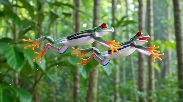 Two vibrant red eyed tree frogs jumping from a bright tropical flower in a lush green rainforest jungle