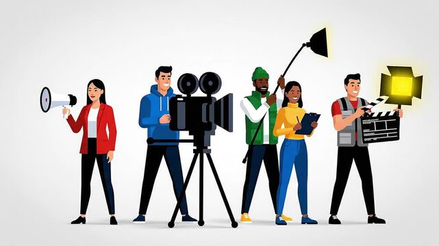Professional film production crew working collaboratively on a creative video project, demonstrating teamwork and essential roles in the media industry