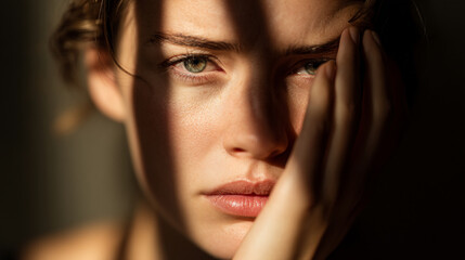 Fototapeta premium Close-up portrait of a woman with green eyes and hand on face in shadows