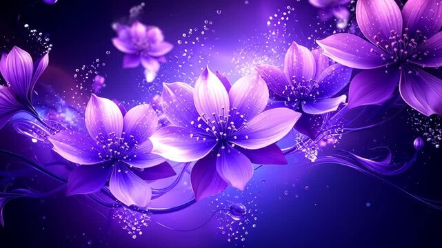 Enchanting purple flowers glowing in a magical dark fantasy background with sparkling particles and elegant floral swirls