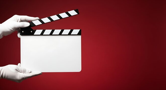 Close-up of a person holding a movie clapperboard against a vibrant red background.