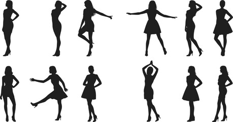 Fototapeta premium Fashion women silhouette set stylish female poses standing walking elegance model black dress high heels vector illustration collection