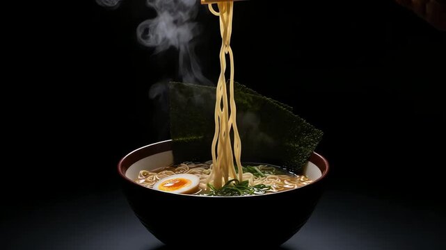 A hand elegantly lifts steaming noodles from a bowl of ramen, garnished with egg and seaweed, against a dark backdrop