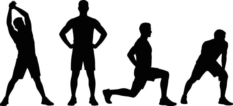 Fitness man silhouettes stretching warm up workout exercise training athlete poses healthy lifestyle sport flat vector illustration set