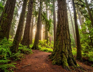 Fototapeta premium Lush, dense forest with tall trees and a winding path