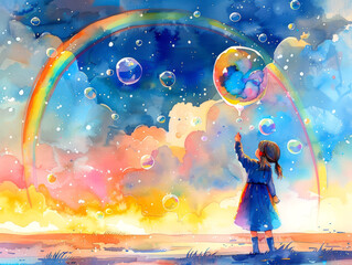 Fototapeta premium Watercolor illustration, girl launching soap bubbles against background of blue sky and rainbow. Soothing and peaceful composition.