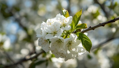Obraz premium A close-up view of white flowers blooming on a tree branch with green leaves in a natural outdoor setting.