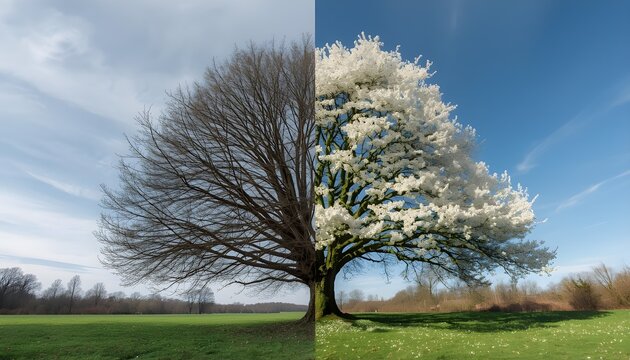 A split-screen image of a tree in winter and spring, showcasing the changing seasons with a bare tree on one side and a blooming tree on the other.