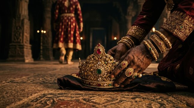 Regal Crown Placed on Luxurious Fabric in Traditional Ceremony with Ornate Decorations and Cultural Significance