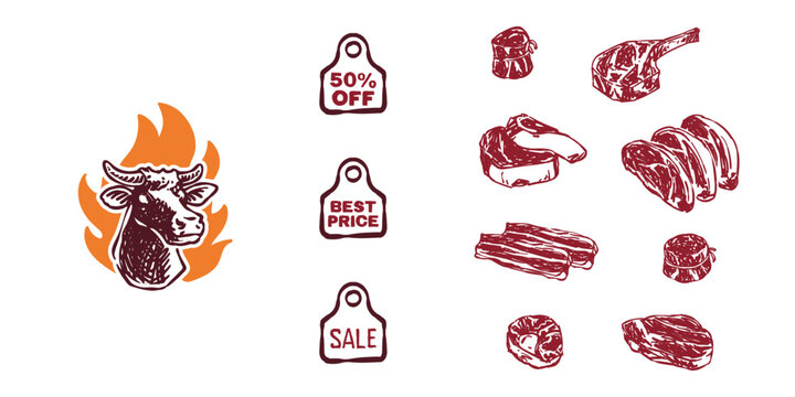 Hand-drawn beef cuts and steak set with flaming cow head logo. Ideal for butcher shop branding, BBQ restaurant menus, and meat sale promotional flyers or posters.