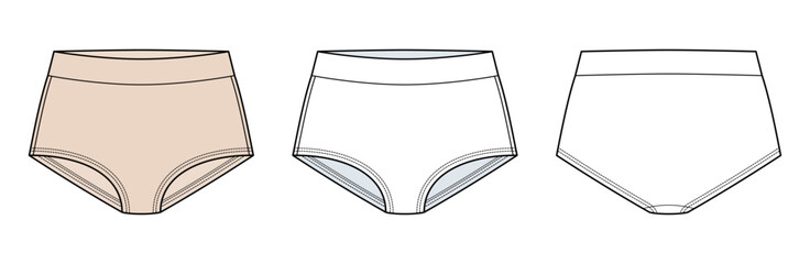 Classic skin tune High Waist Brief Technical Fashion Illustration. Women’s Everyday Underwear with Soft Leg Curve and Comfortable Fit Vector Template Front and Back Views CAD Mockup. © aiven studio