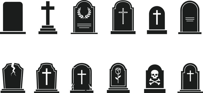 Gravestone and tombstone icon set with crosses skull and floral elements, cemetery and funeral symbols collection, black vector illustration isolated on white background