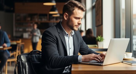 Fototapeta premium Man working on laptop in modern office coffee shop environment
