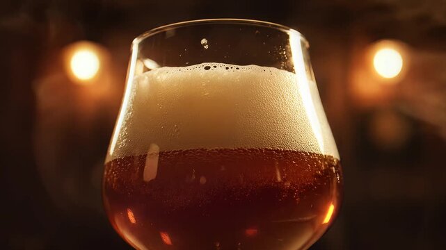 Brewing Beauty: A close-up showcases a crystal-clear glass, filled with a rich amber ale topped with a creamy froth, inviting a moment of pure refreshment and simple pleasures. 