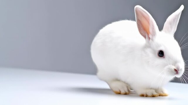 Fluffy small white bunny rabbit exploring a clean white surface in a minimalist studio setting