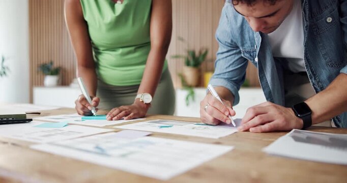 Business people, hands or writing with documents for planning, strategy or ideas in office. Teamwork, employees or colleagues taking notes with papers, graph or chart for project review in workplace