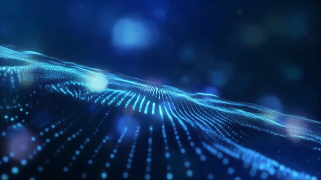 Glowing blue lines and dots create a dynamic wave-like pattern on a dark background.
