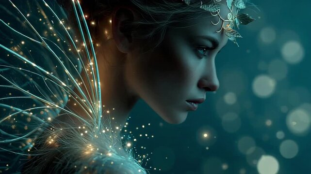 Ethereal Fairy with Glowing Wings and Golden Leaf Crown